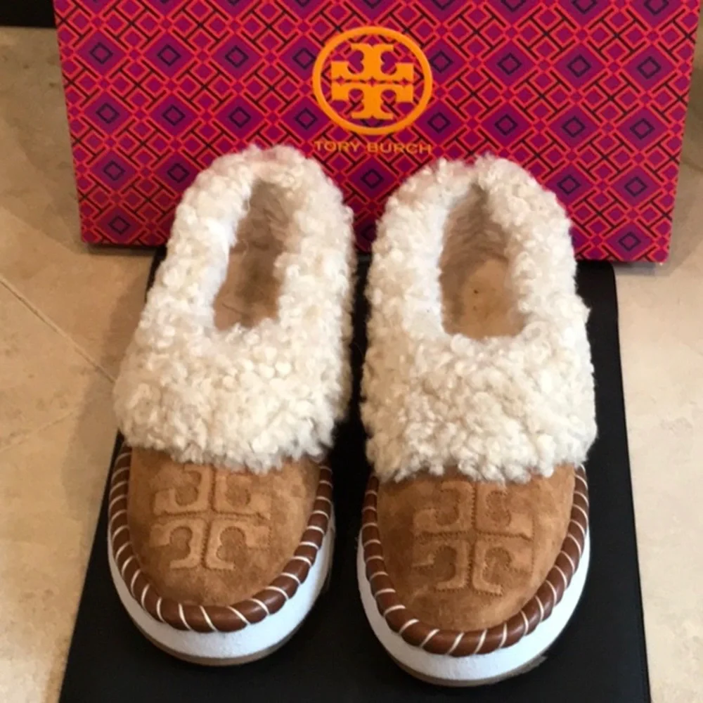 TORY BURCH SUEDE SHEARLING LOGO LOAFER SLIPPERS - Picture 1 of 10